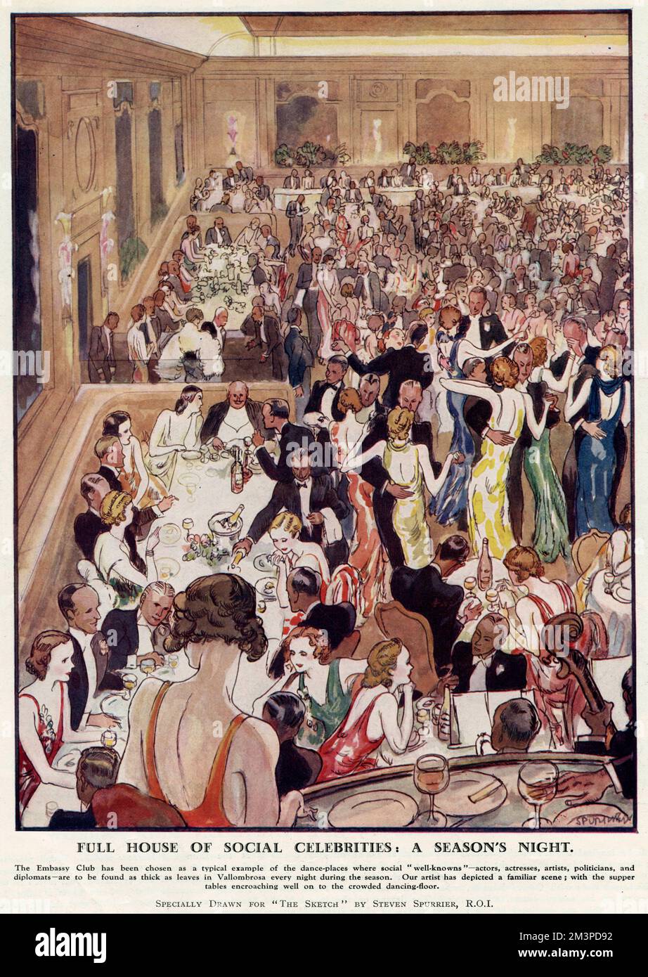 Ein ganzes Haus voller gesellschaftlicher Promis; ein Saisonabend. Szene im Embassy Club in der Bond Street, London, einem der angesagtesten und exklusivsten Nachtclubs in der Hauptstadt, wo der Prinz von Wales zu Gast war. Auf der Tanzfläche, die von Paaren übersät wird, können Sie die Esstische beobachten. Datum: 1932 Stockfoto
