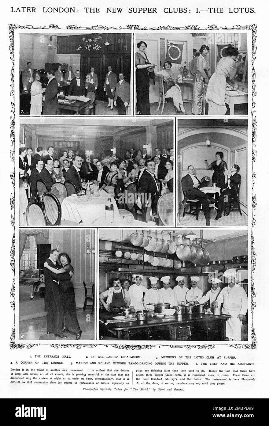 Neue Abendclubs in London - der Lotus. Eine Reihe von Fotografien, die speziell für The Sketch gemacht wurden, zeigen Szenen im Lotus Club, einem von mehreren Nachtclubs, die am Vorabend des Ersten Weltkriegs in der Hauptstadt auftauchen. Auf den Bildern sehen Sie die Eingangshalle, die Garderobe, die Gäste an den Esstischen, eine Ecke der Lounge, die Ausstellungstanz Marion und Roland Mitford, die den Tango vorführen, und den Koch mit seinen Assistenten. Datum: 1914 Stockfoto