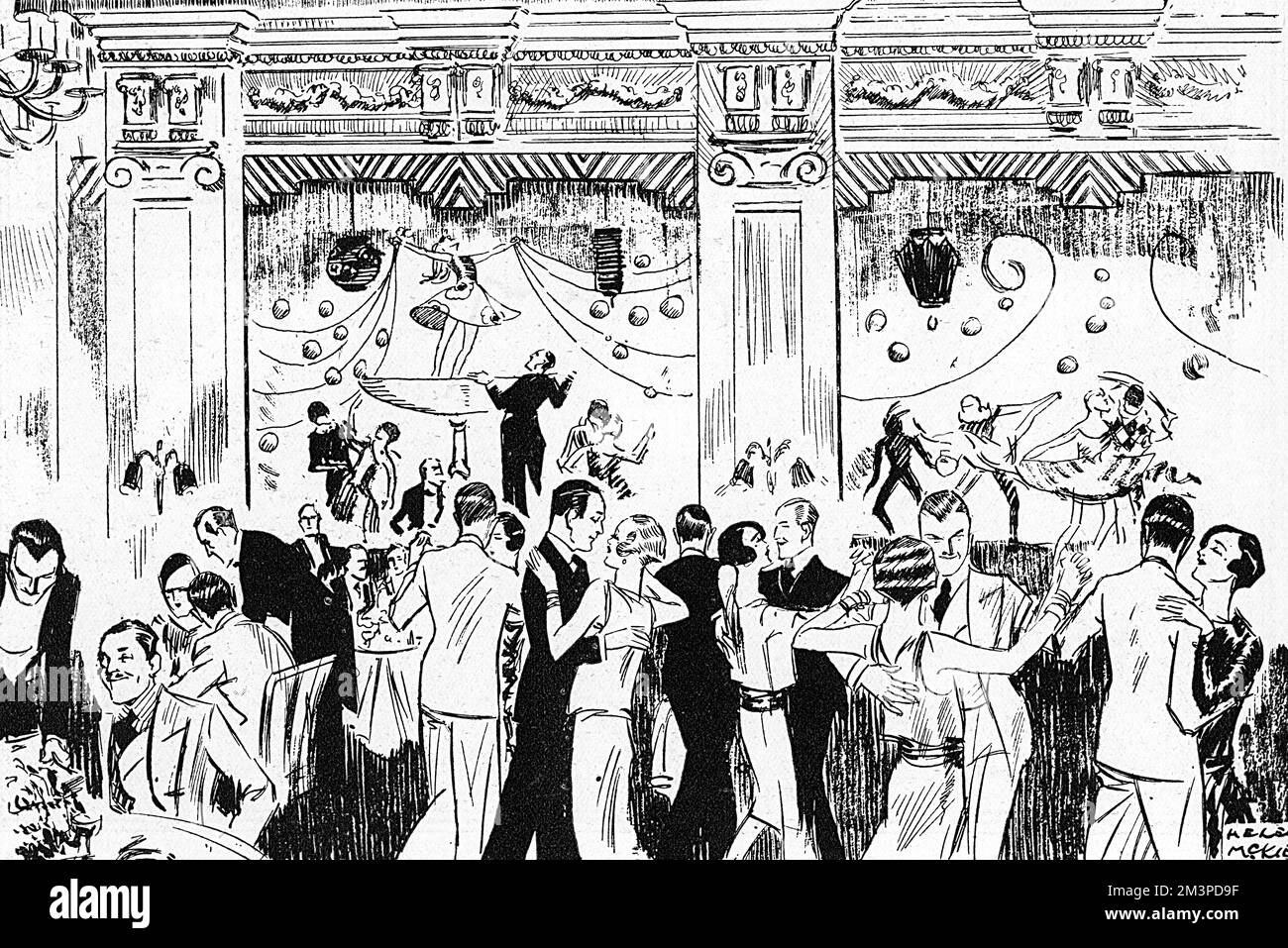 Im Grillraum des Piccadilly Hotels, wo die Gäste in „gewöhnlichen Kleidern“ (d. h. nicht mit schwarzer Krawatte) tanzen konnten und im Hintergrund eine üppige Kabarettshow stattfand. Der „tage“-Teil des Bodens könnte bei Bedarf mit einem Vorhang versehen werden. Datum: 1928 Stockfoto