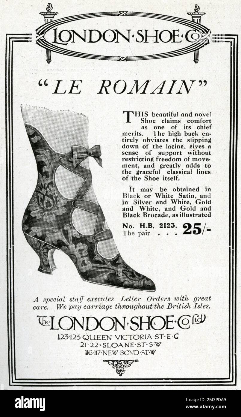Schuhe mit hoher Spitze für Damen, beanspruchen Tragekomfort und Halt, ohne die Bewegungsfreiheit einzuschränken. 1913 Stockfoto