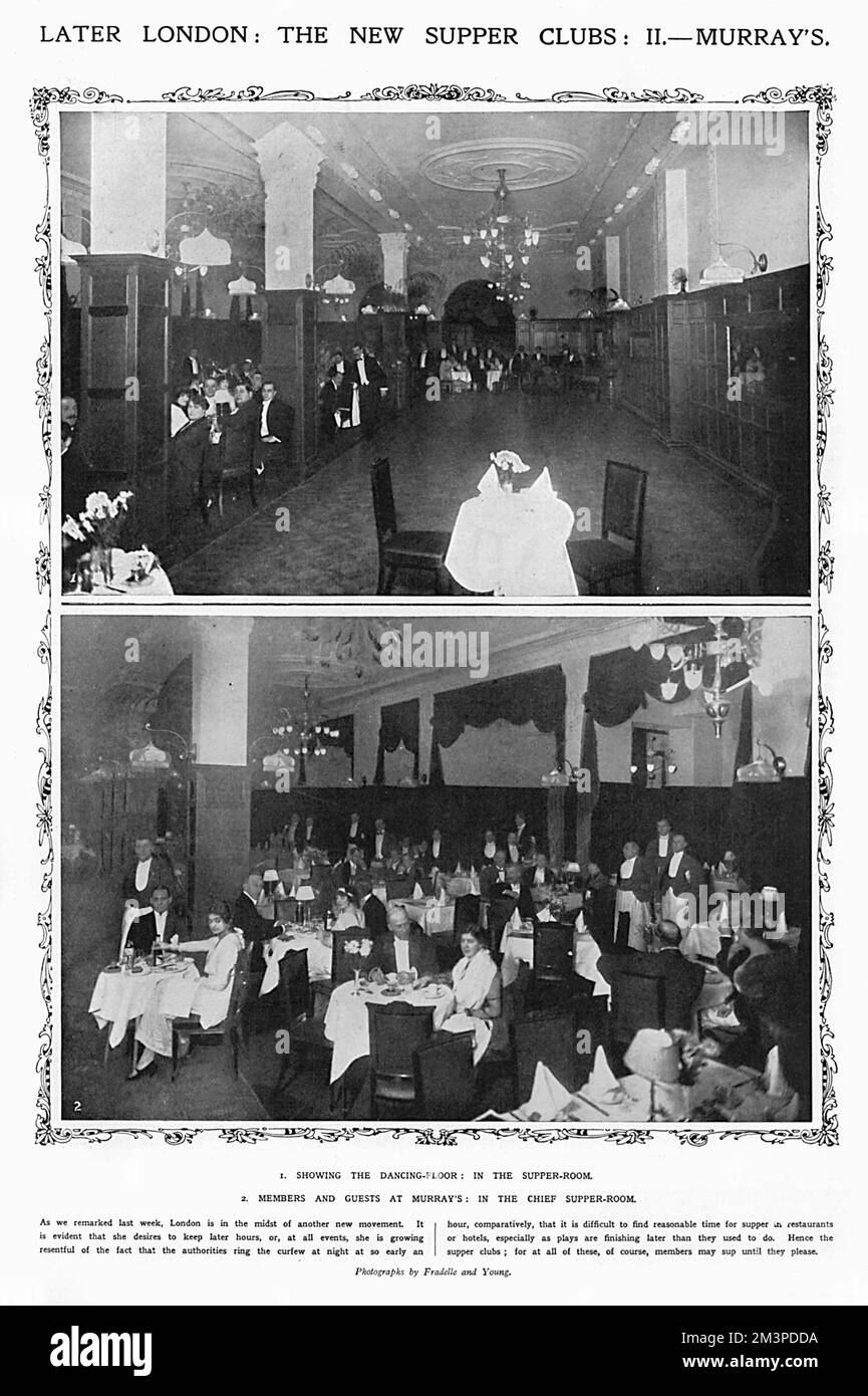 Die Tanzfläche (oben) und Mitglieder und Gäste (unten) im Murray's in der Beak Street, einem der neuen, späteröffnenden Abendclubs, die am Vorabend des Ersten Weltkriegs in London auftauchen. Der Club wurde 1913 von kanadischem Jack May eröffnet, und 1915 wurde ein Schwesterclub, Murray's River Club, in Maidenhead eröffnet. Es wurde bis 1923 als Club weitergeführt, als es geschlossen und wieder als Blanchard's eröffnet wurde. Datum: 1914 Stockfoto