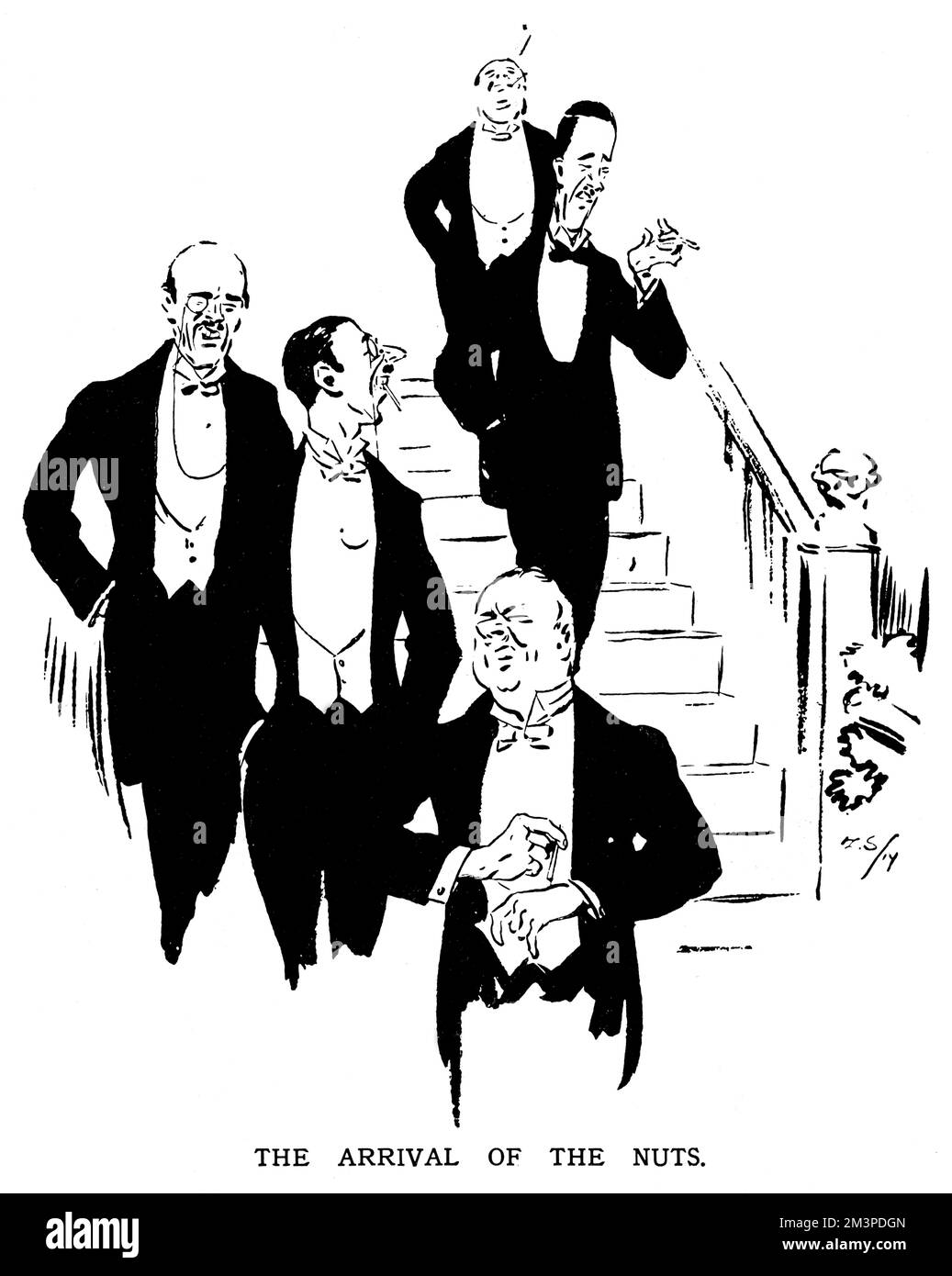 Ankunft der „NUTS“ in Murray's Nachtclub in der Beak Street, London. Nuss, oder knut, war ein gebräuchlicher Begriff, um Dandyish-Gentleman-Schwellungen zu beschreiben. Datum: 1914 Stockfoto