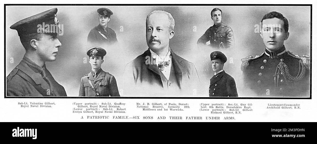 Herr J. B. Gilbert (Zentrum) aus Poole, Dorset; im National Reserve, ehemals 18. Middlesex und 1. Warwicks, mit seinen sechs Söhnen, die alle während des Ersten Weltkriegs bei der britischen Armee und der Marine dienten. Ganz links ist Sub-LTL Valentine Gilbert, Royal Naval Division, linkes oberes Porträt; Sub-LT. Geoffrey Gilbert, Royal Naval Division, Unterleutnant Portrait. Robert Evelyn Gilbert, Royal Naval Division. Ganz rechts, Lieutenant Commander Archibald Gilbert, Royal Navy, linkes oberes Porträt, sec-LT. Guy Gilbert, 6.. Bataillon, Dorsetshire Regiment, unteres Porträt: Gilbert Ri Stockfoto