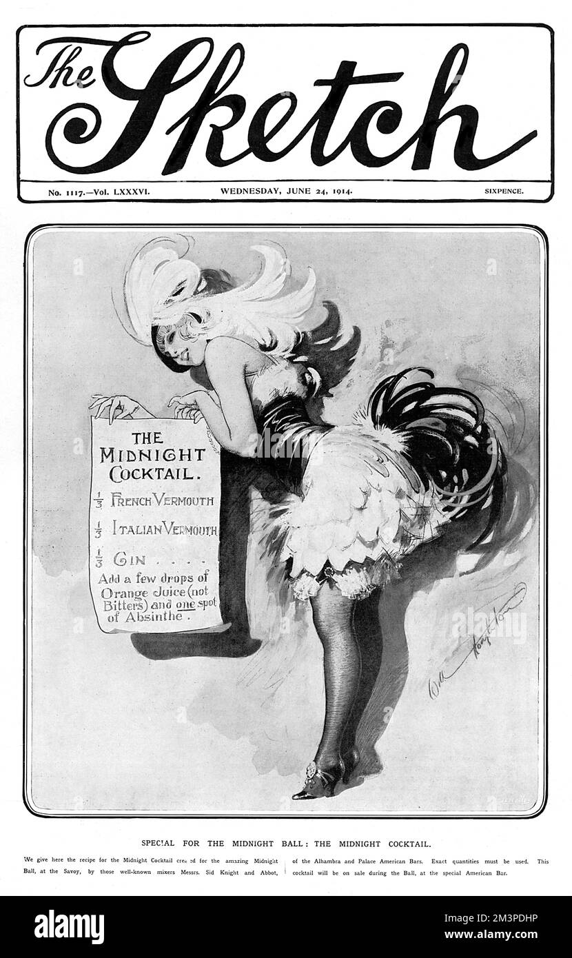 Titelseite des Magazins Sketch mit einer Illustration, die das Rezept für einen „Mitternachtscocktail“ zeigt, der im Juni 1914 beim Mitternachtsball des Magazins im Savoy Hotel serviert werden sollte. Der Cocktail wurde von den bekannten Mixern Sid Knight und Abbot der Alhambra und Palace American Bars kreiert. Die genauen Mengen mussten verwendet werden, und der Cocktail war während des Balls in der berühmten amerikanischen Bar des Savoy erhältlich. Datum: 1914 Stockfoto