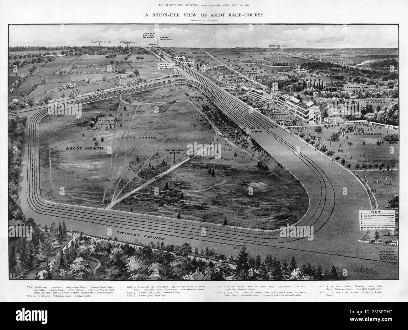 A Bird's eye view of Ascot Racecourse in 1914 von W. B. Robinson in den Illustrated Sporting and Dramatical News Datum: 1914 Stockfoto