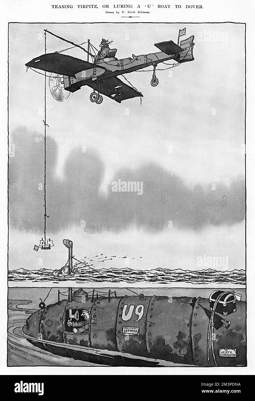 Ein zerschmettertes britisches Flugzeug hängt ein kleines Spielzeugboot an einer Schnur, und treibt ein deutsches U-Boot dazu, es bis nach Dover zu verfolgen. Eine weitere schamlose Kriegstaktik, erdacht von William Heath Robinson. Datum: 1915 Stockfoto