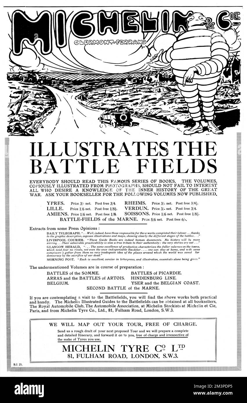 Werbung für Reiseführer von Michelin, unverzichtbar für einen Besuch der Schlachtfelder des Ersten Weltkriegs. Datum: 1920 Stockfoto