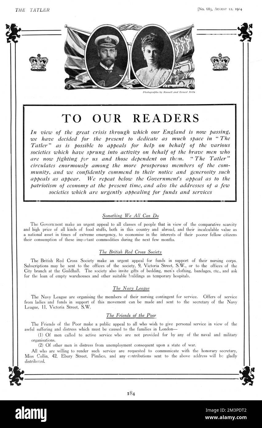 Tatler Brief an seine Leser, Ausbruch des Ersten Weltkriegs Stockfoto