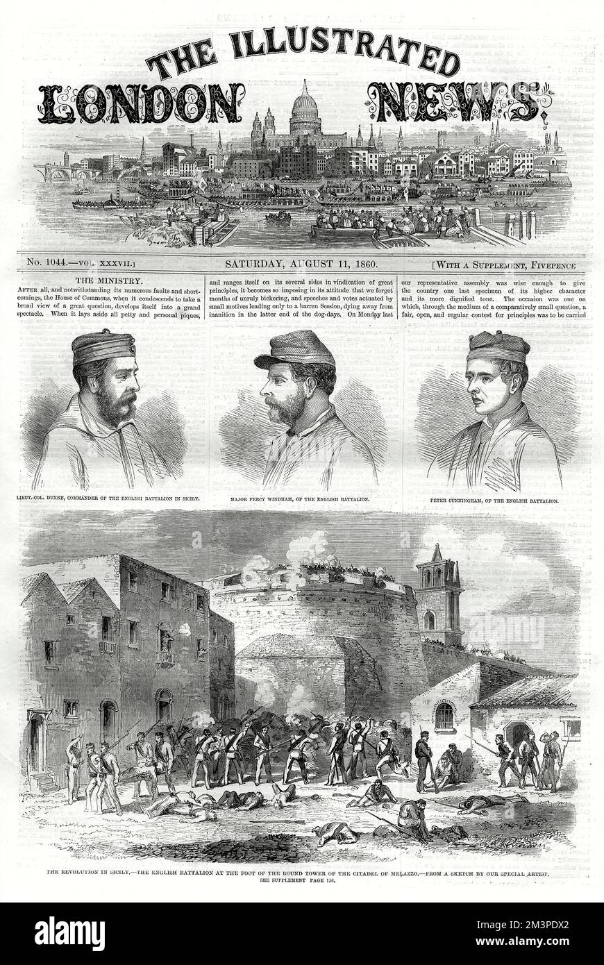Während der Schlacht von Milazzo (Melazzo) auf Sizilien kämpfte ein englisches Bataillon auf GaribaIdis Seite am Fuße des runden Turms der Zitadelle der Stadt, das von den neapolitanischen Truppen verteidigt wurde. Letzteres hat sich schließlich ergeben, was zu einem Sieg für GaribaIdi führte. Datum: Juli 1860 Stockfoto
