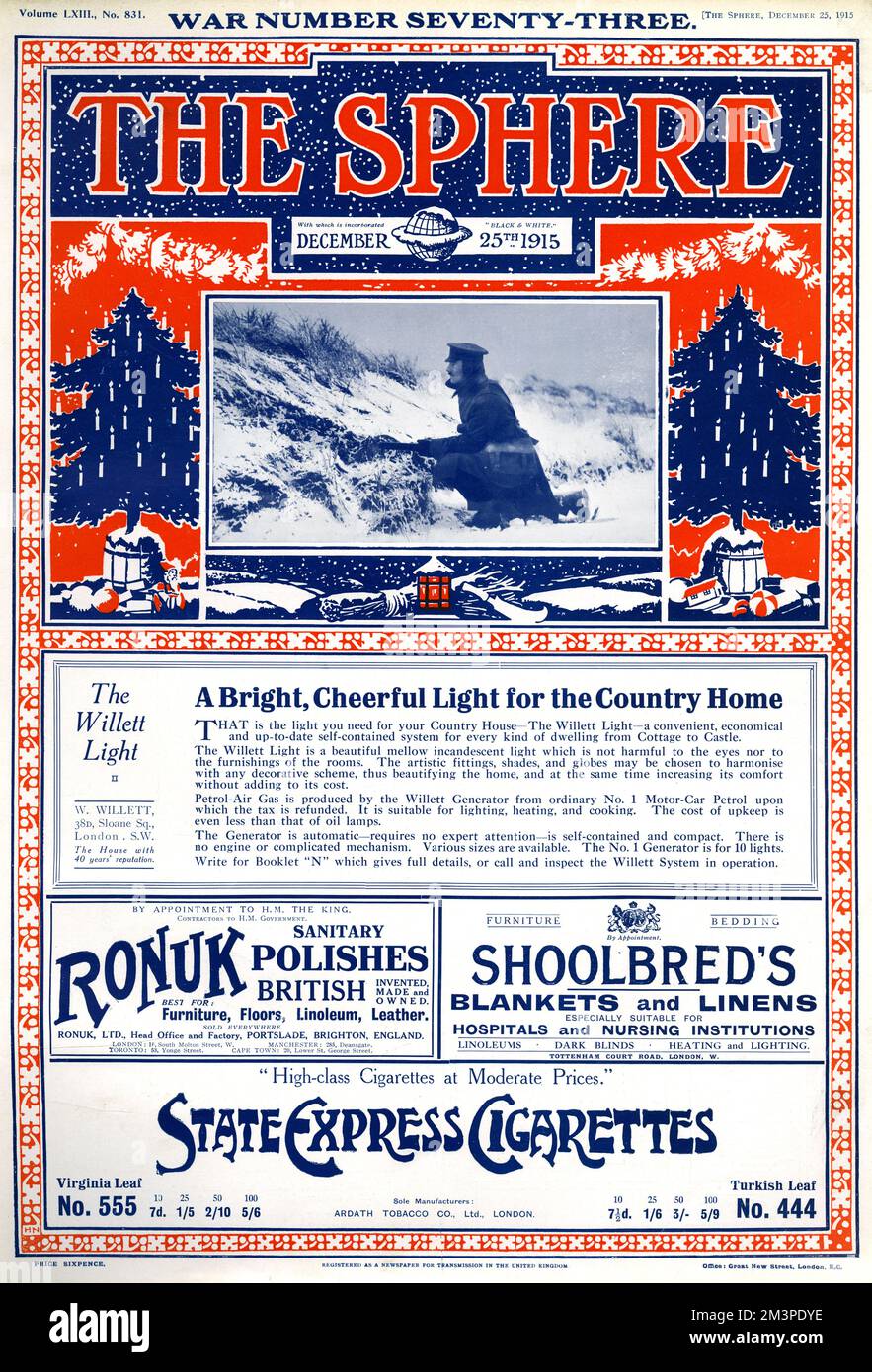 Titelseite der Kugel für Weihnachten 1915, mit zwei Weihnachtsbäumen, einem Foto eines Soldaten im Schnee und Werbung für das Willett Light, Ronuk-Polituren, Shoolbred's Decken und Bettwäsche und State Express Zigaretten. Stockfoto