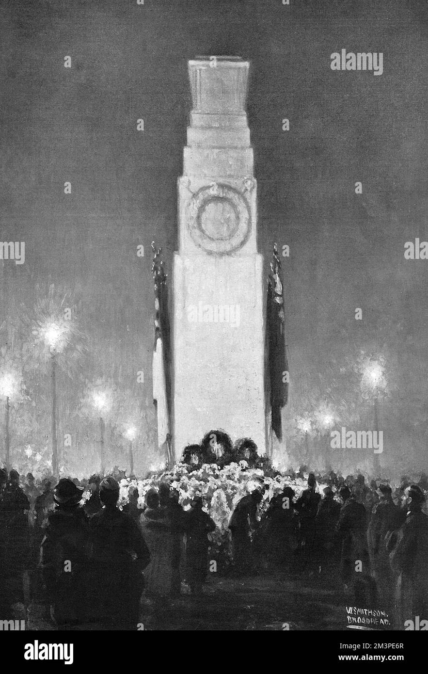 Menschenmassen besuchen das Cenotaph bei Nacht, November 1920 Stockfoto