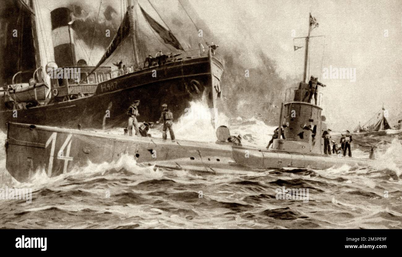 WW1 - SM U-14 war eines der 329 U-Boote, die im 1. Weltkrieg in der kaiserlichen deutschen Marine dienten Am 5.. Juni 1915 wurde U-14 durch Schüsse des bewaffneten britischen Trawlers Oceanic II außer Gefecht gesetzt und ist Peterhead an seiner Position versenkt. Datum: 1915 Stockfoto