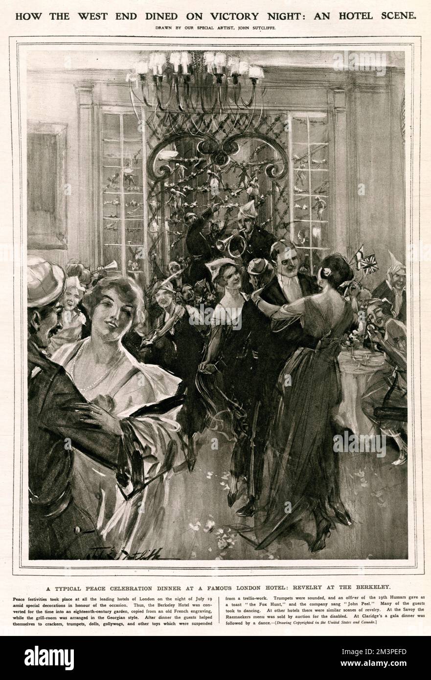 WW1 Uhr: Zur Feier der „Siegesnacht“ tanzen Männer und Frauen in schlichter Krawatte und Ballkleid zur Musik einer Live-Band auf einem High-Society-Ball. Stockfoto