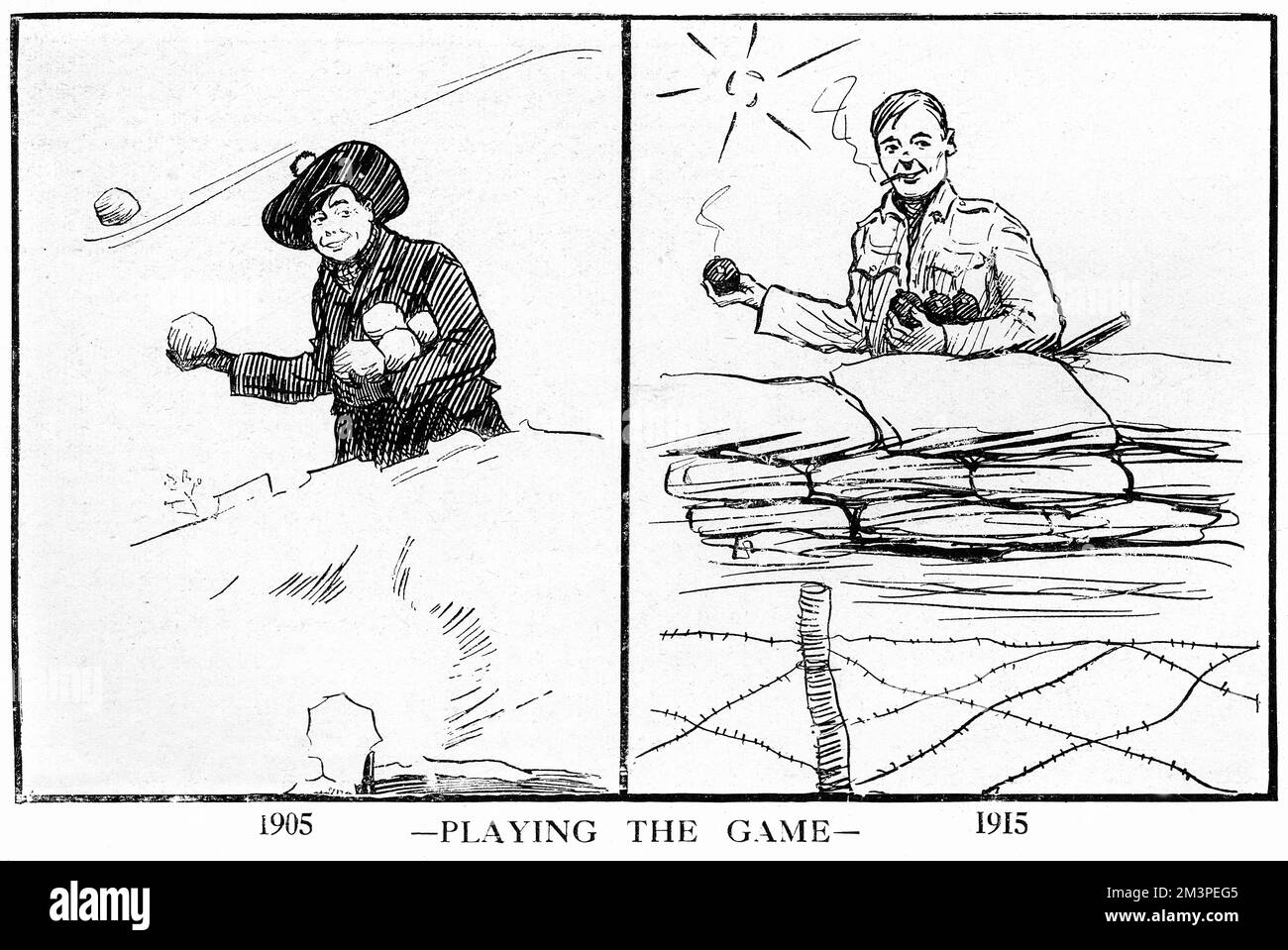 Cartoon, der einen Schuljungen, der Schneebälle schießt, mit seinem älteren selbst kontrastiert, zehn Jahre später, seine Fähigkeiten in den Schützengräben zu übertragen und sich darauf vorzubereiten, ein paar Granaten zu zeigen. Der Titel des Films „Play the Game“ verwendet die sportliche Parlance, die während des Ersten Weltkriegs oft an die Stelle der Kriegsbegriffe getreten ist. Datum: 1915 Stockfoto