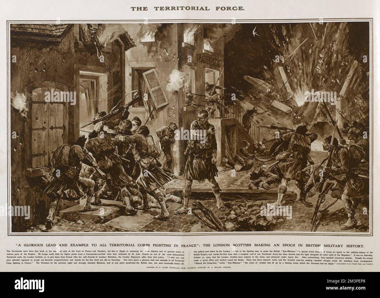 Das Territorialkorps der britischen Armee gibt all jenen, die in Frankreich kämpfen, eine glorreiche Führung und ein Vorbild – die Londoner Schotten, die eine Epoche in der britischen Militärgeschichte machen. Reproduktion eines Gemäldes von R Caton Woodville Great war Deeds, einer speziellen Panorama-Ergänzung, produziert von den illustrierten London News im Jahr 1915, mit heldenhaften Aktionen des Ersten Weltkriegs. Datum: 1914 Stockfoto