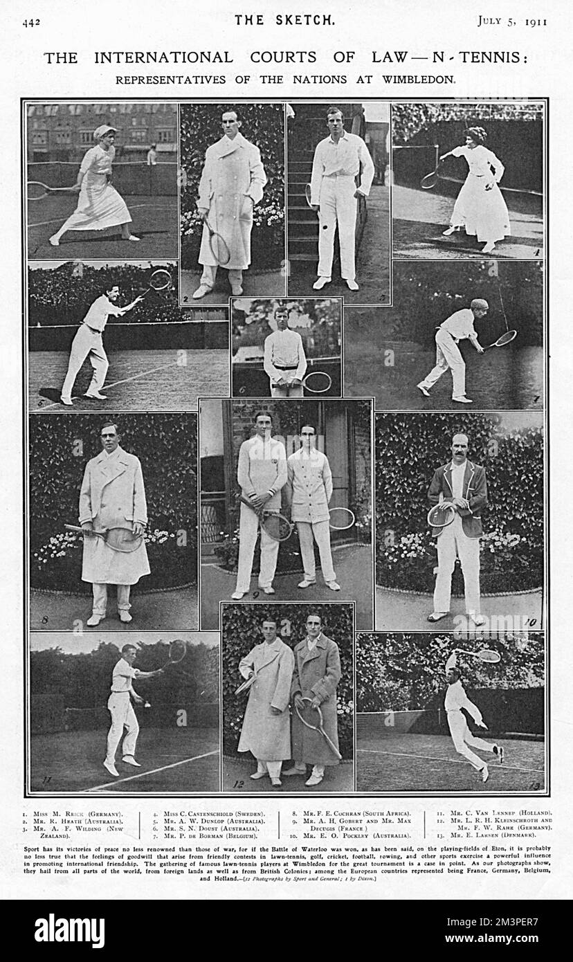 Seite aus dem Sketch Magazin mit Fotos von internationalen Spielern, die 1911 bei den Wimbledon Lawn Tennis Championships antraten. Obere Reihe von links: Frau M. Reick (Deutschland), Herr R. Heath (Australien), Herr A. F. Wilding (Neuseeland), Frau C. Castenschiold (Schweden). Zweite Reihe: Herr A. W. Dunlop (Australien), Herr S. N. Doust (Australien), Herr P de Borman (Belgien). 3.. Zeile: Herr F. E. Cochran (Südafrika), Herr A. H. Gobert und Herr Max Decugis (Frankreich), Herr E. O. Pockley (Australien). Untere Reihe: Herr C. Van Lennep (Holland), Herr L. R. H. Kleinschroth und Herr F. W. Rahe (Deutschland) und Herr E. Larsen ( Stockfoto