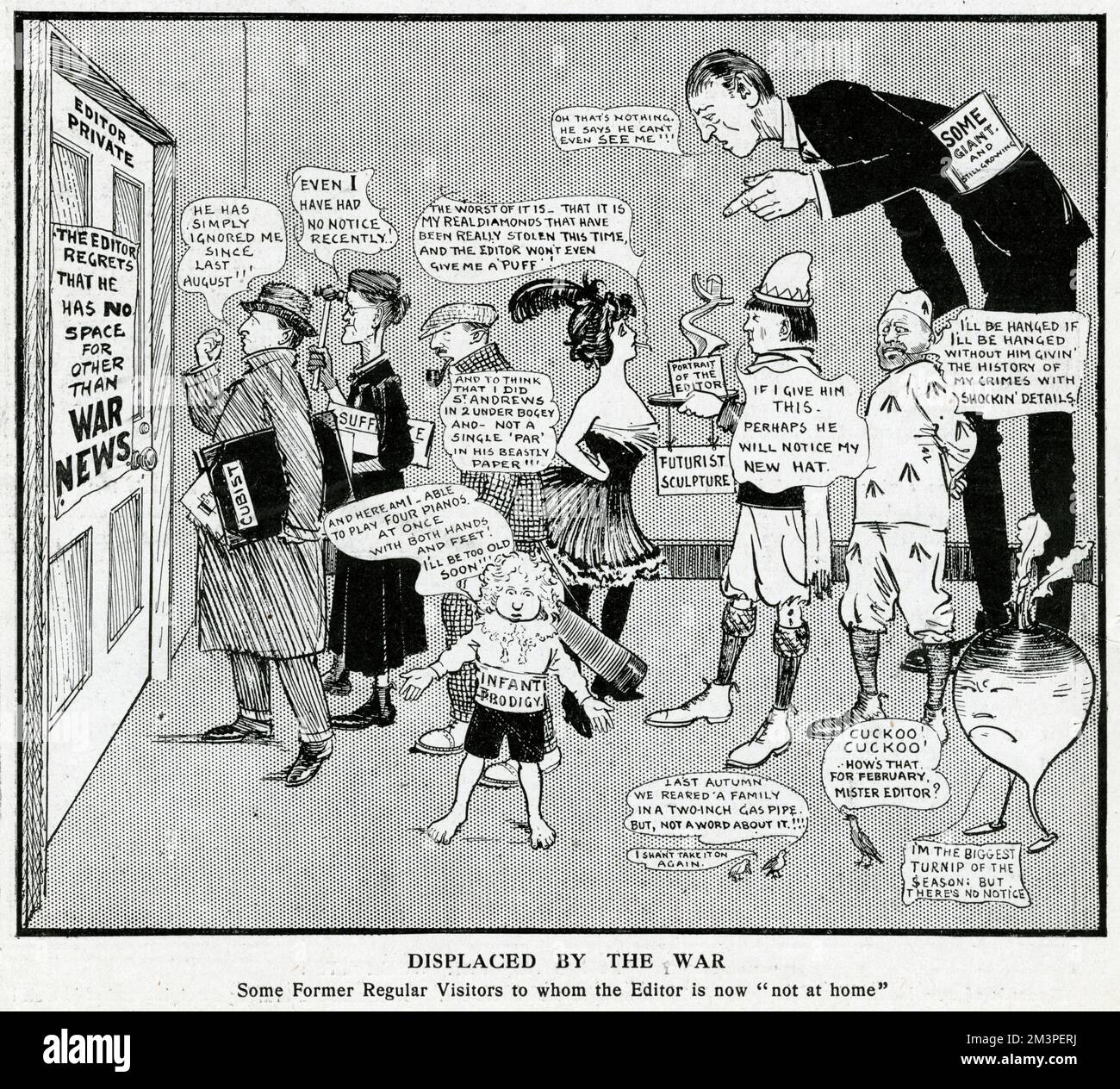 Ein lustiger Cartoon stellt sich vor, dass andere Nachrichtengeschichten, die normalerweise von der Presse gelesen werden (Kinderwahnsinnige, riesiges Gemüse, die Aktivitäten militanter Suffragetten), zugunsten aktueller Kriegsnachrichten beiseite geschoben werden. Datum: 1915 Stockfoto