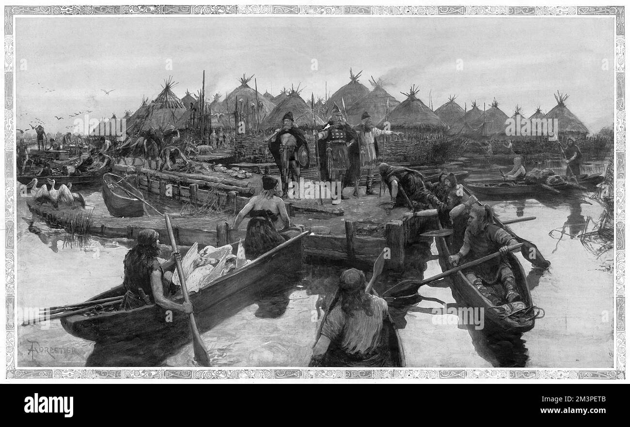 In England vor 2.000 Jahren: Ein prähistorisches Seendorf. Stockfoto