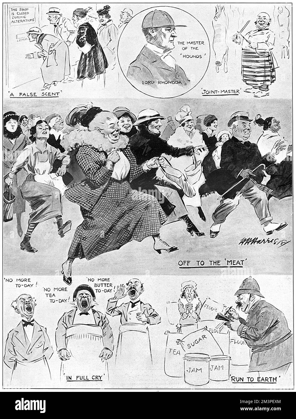 Humorvolle Zeichnung von H. H. H. Harris zur Rationierung in Großbritannien 1918 mit der Metapher der Jagd. Lord Rhondda, der als Lebensmittelkontrolleur diente, ist Meister der „Hunde“, begeisterte Käufer werden als „ab zum Fleisch“ beschrieben, und eine Dame, die gefunden wurde, um zu horten, wurde „auf die Erde gerannt“. 1918 Stockfoto