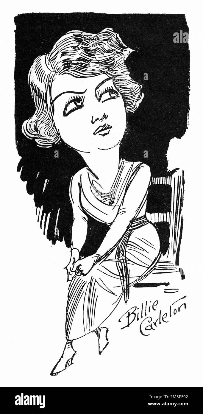 Karikatur der Schauspielerin Billie Carleton. Billie Carleton (4. September 1896 28 November 1918) war während des Ersten Weltkriegs eine englische musikalische Komödie. Sie begann ihre professionelle Bühnenlaufbahn mit 15 Jahren und spielte im Alter von 18 Jahren Rollen im West End. Sie erschien im erfolgreichen Musical The Boy (1917), das 1918 zu einer Hauptrolle in der Freiheit der Meere führte. Sie wurde tot aufgefunden, anscheinend wegen einer Überdosis Drogen, am Morgen nachdem sie auf dem berühmten Victory Ball in der Royal Albert Hall erschienen war, der zum Ende des Ersten Weltkriegs stattfand. Eine von mehreren dargestellten Charakteren Stockfoto