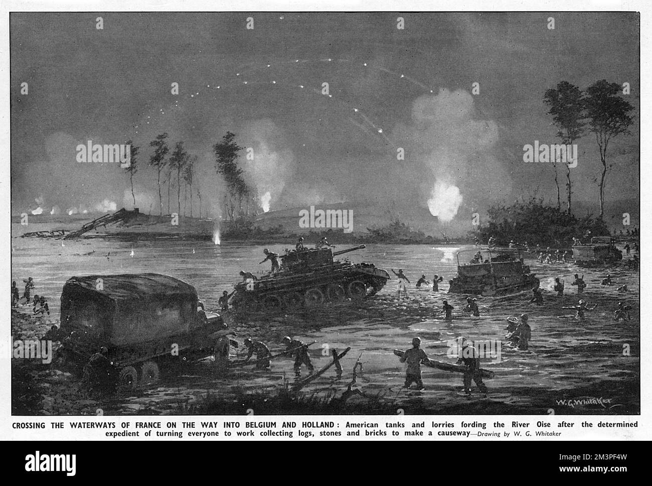 Der Vormarsch nach Holland während des Zweiten Weltkriegs -- der Sprung der Zweiten Armee in Richtung Nijmegen und Arnhem, und die Überquerung der belgischen und niederländischen Wasserlinie. Sie zeigen amerikanische Panzer und Lastwagen, die bei Nacht den Fluss Oise überqueren, auf dem Weg von Frankreich nach Belgien und Holland. Datum: 1944 Stockfoto