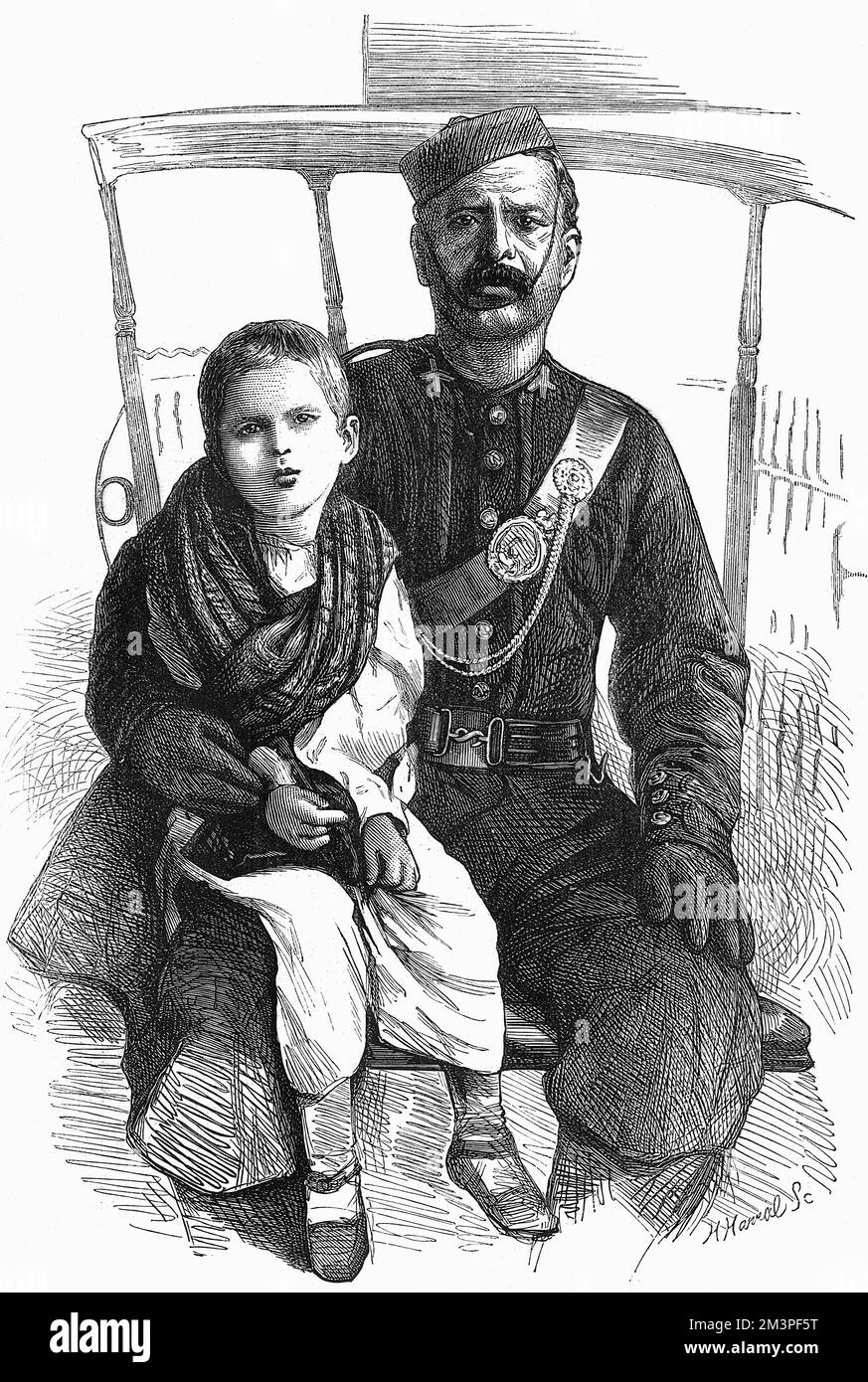 Mary Winchester, abgebildet nach ihrer Entlassung aus der Gefangenschaft, mit Scubedar, einem Offizier, der sich nach ihrer Entlassung um sie kümmerte. Mary (1865 - 1955) wurde 1871 gefangen genommen und von den Mizos in Mizoram im Nordosten Indiens (damals Lushai Hills genannt) als Geisel gehalten. Ihr Vater wurde bei der Razzia, bei der sie gefangen genommen wurde, im Januar 1871 getötet. Im Januar 1872 wurde sie in Gefangenschaft im Allgemeinen gut versorgt und kehrte zu ihren Großeltern in Schottland zurück. Datum: 1872 Stockfoto