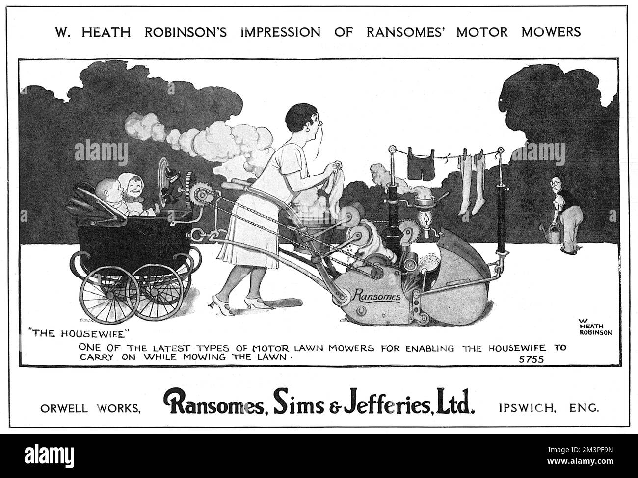 „Einer der neuesten Motorrasenmäher, mit dem die Hausfrau den Rasen weiterhin mähen kann.“ Werbung von William Heath Robinson für die motorisierten Rasenmäher von Ransomes. Datum: 1928 Stockfoto