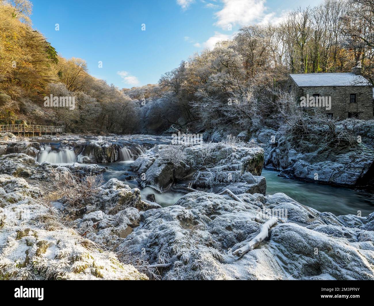 Cenarth Falls, Winter, Fluss Teifi, Wales Stockfoto