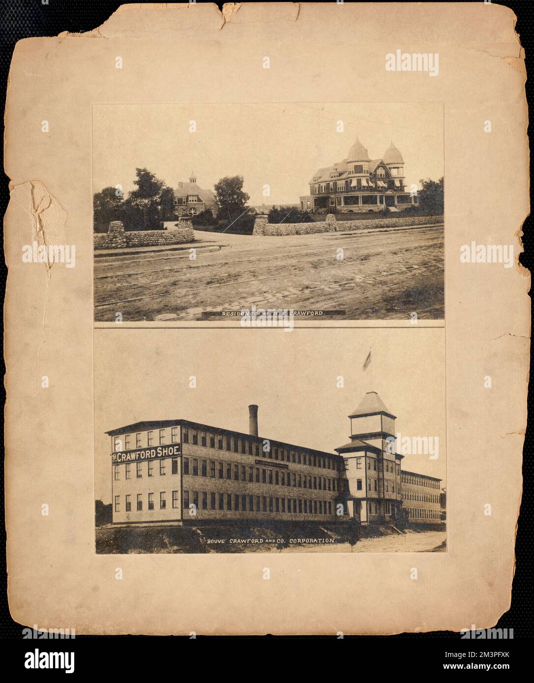 Wohnsitz von H.F. Crawford/Fabrik von Bouve Crawford and Co Unternehmen, Fabriken, Häuser, Schuhindustrie, Brockton Public Library Archival Collection Stockfoto