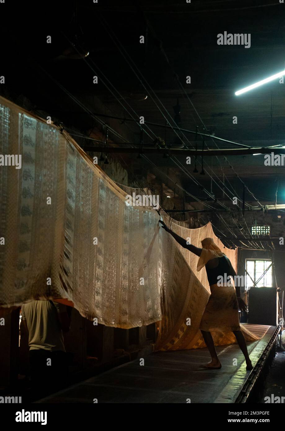 Indischer Arbeiter, der Textilien nach manuellem Siebdruck trocknet, Rajasthan, Jaipur, Indien Stockfoto