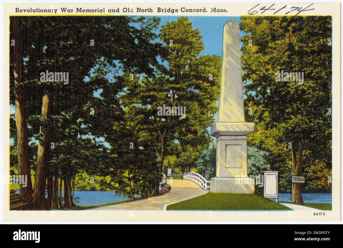 Revolutionary war Memorial und Old North Bridge, Concord, Mass. , Denkmäler und Gedenkstätten, Brücken, Tichnor Brothers Collection, Postkarten der Vereinigten Staaten Stockfoto