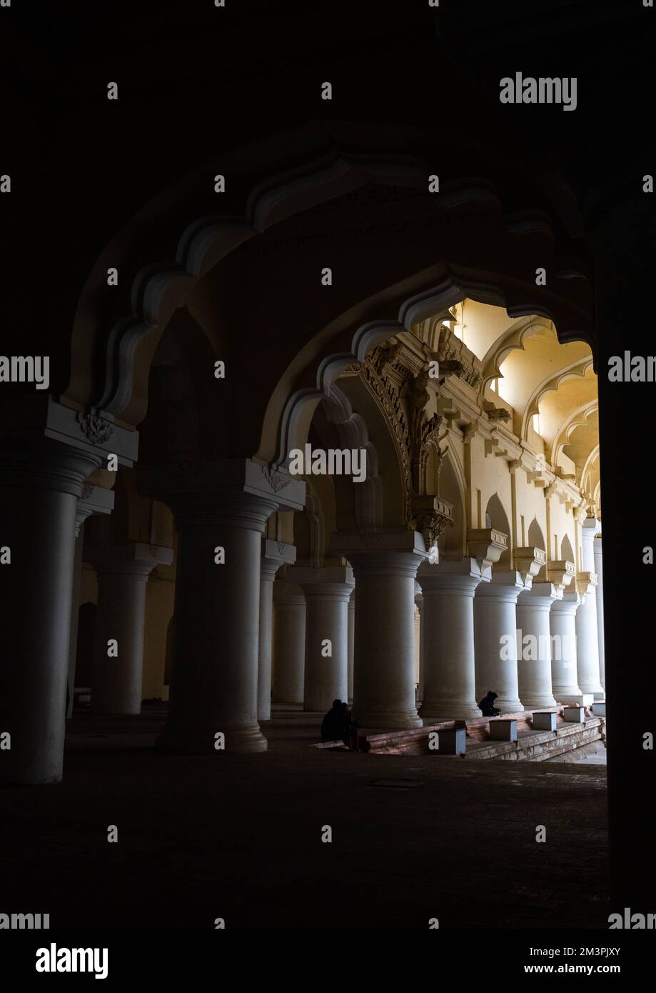 Säulenhalle des Thirumalai Nayakar Palastes, Tamil Nadu, Madurai, Indien Stockfoto