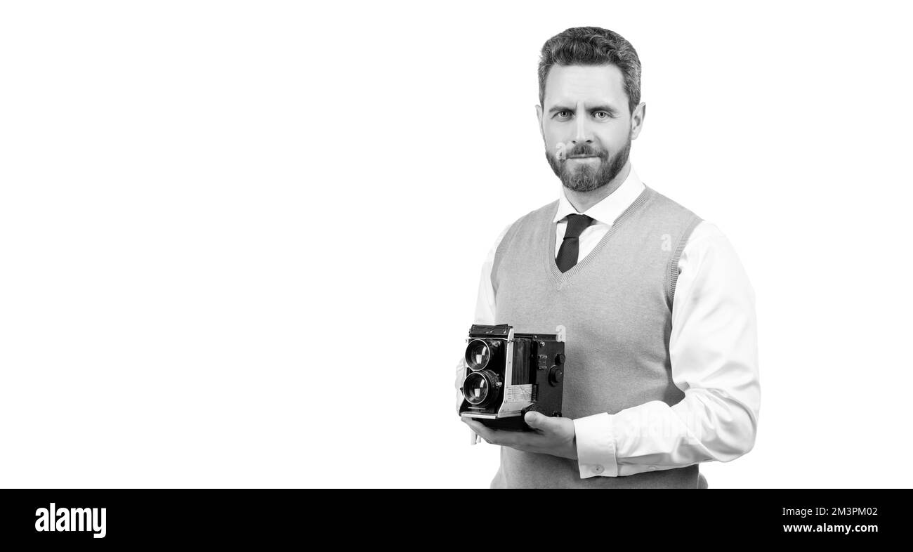 Amateur- und Profifotografie. Shooting Session isoliert auf weiß. Copy space. Stockfoto