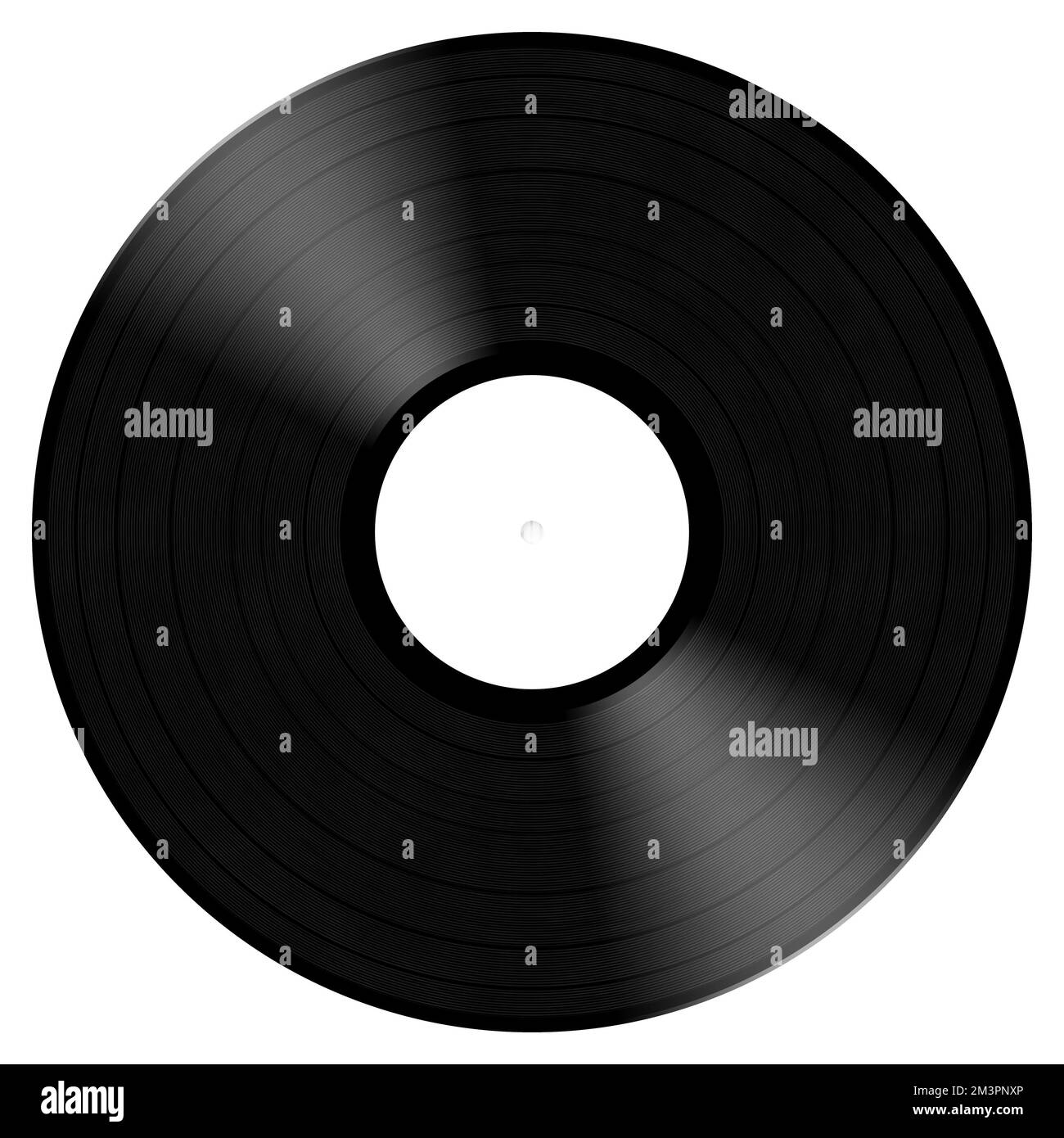 Isolierte, schwarze, langlebige LP-Schallplatten mit leerem weißem Etikett. 60s-, 70s- oder 80s-Musikgrafik im Retro-Look, DJ-Disc-Jockey oder Aufnahmesysteme Stockfoto
