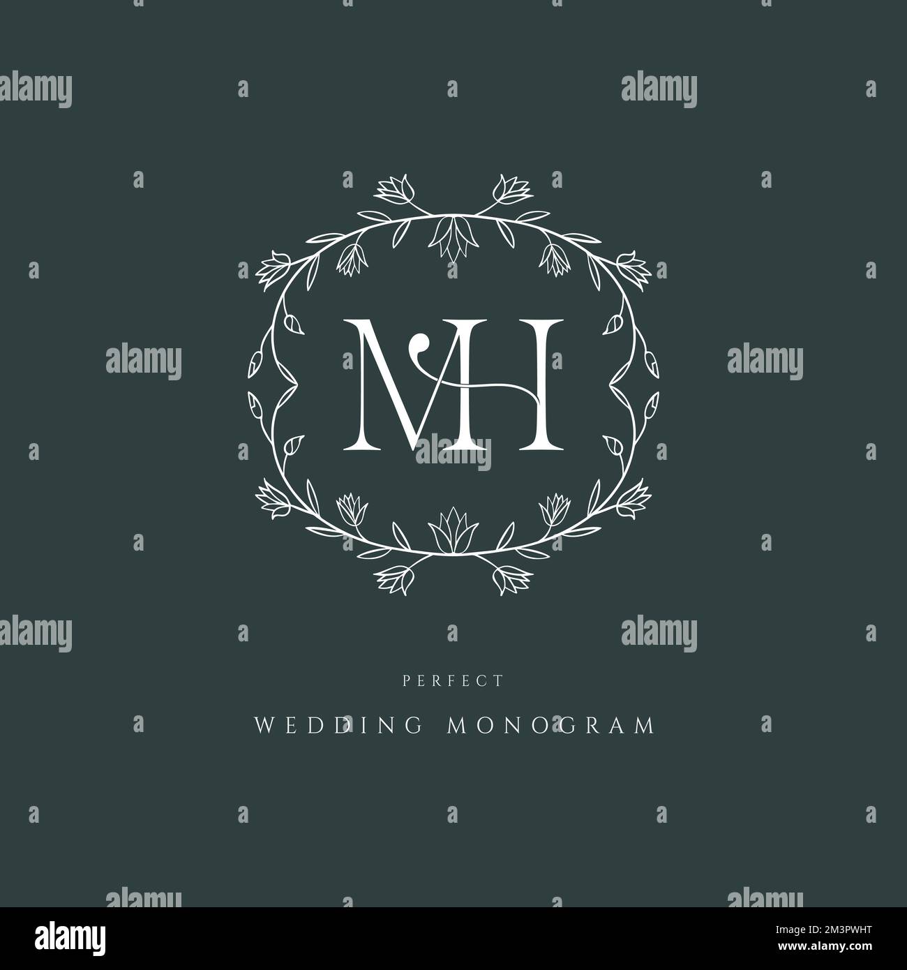 Moderne klassische MH-Hochzeitsmonogramm-Serifenschriftart. Einzigartiges, luxuriöses, reifes und elegantes Logo im Blumenstil. Perfekt für ein Hochzeitsmonogramm. Stock Vektor
