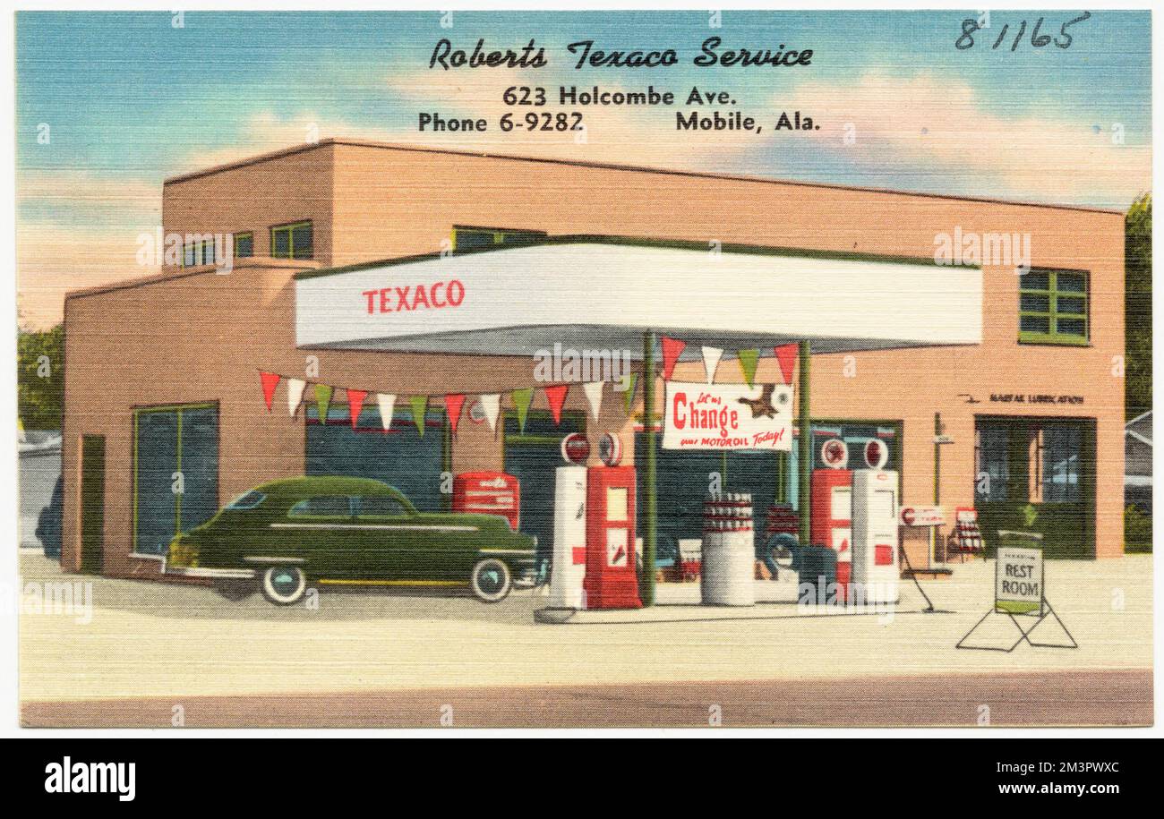 Roberts Texaco Service, Automobil-Tankstellen, Tichnor Brothers Collection, Postkarten der Vereinigten Staaten Stockfoto