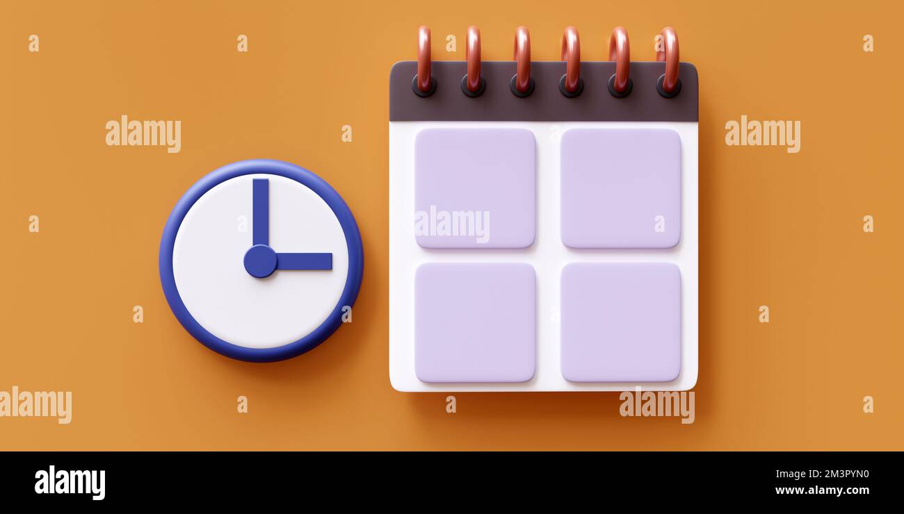 Häkchen für Kalenderdatum und Wecker. Checkliste fertig. Tischorganisator, Terminplaner, Häkchen, 3D-Rendering Stockfoto