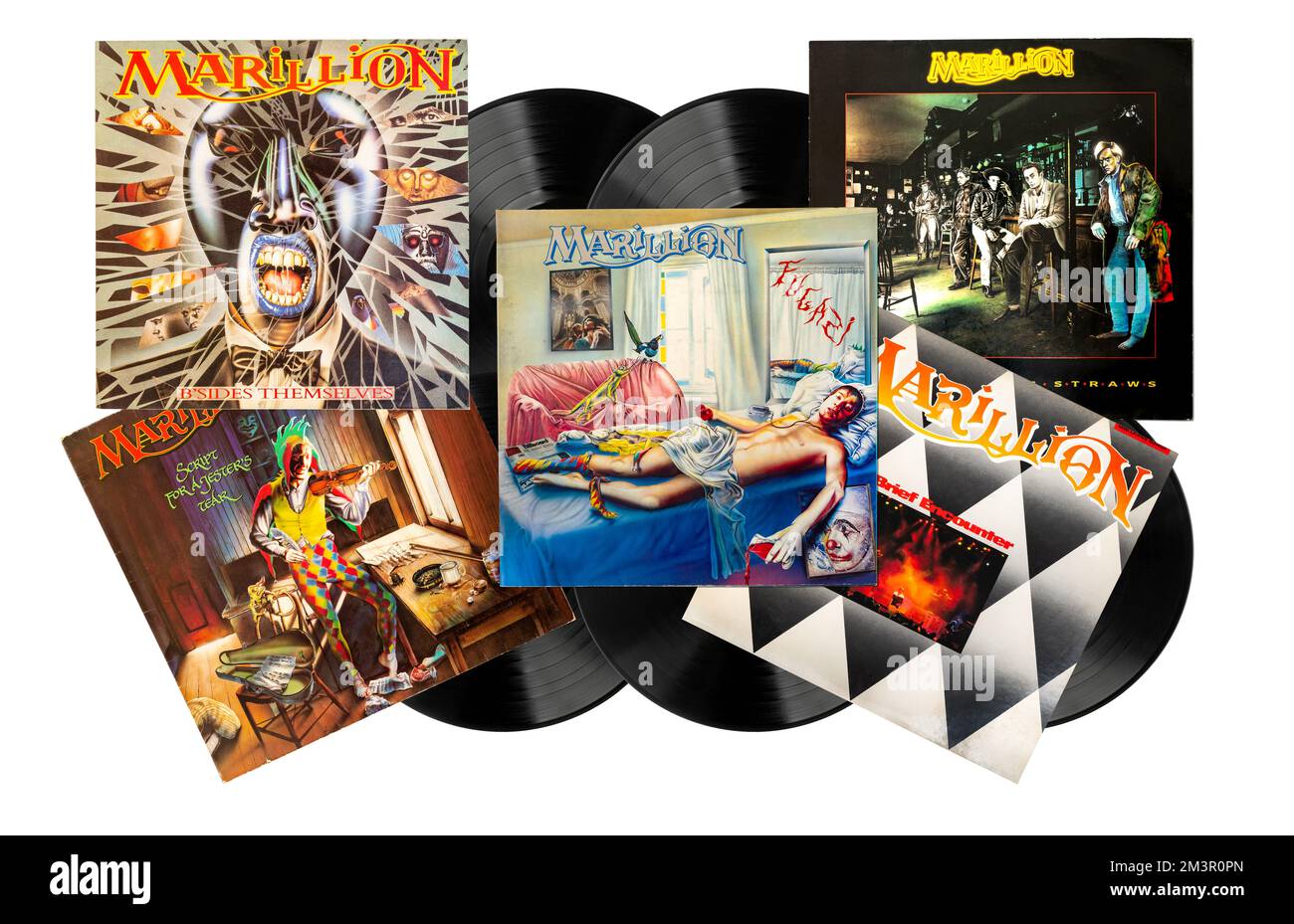 Marillion-Alben - Original-Vinyl-Albumcovers - Fugazi 1984 , Skript für A Jester's Träne Album 1983, B'Sides Eigen Album 1988, Brief Encounter und Stockfoto