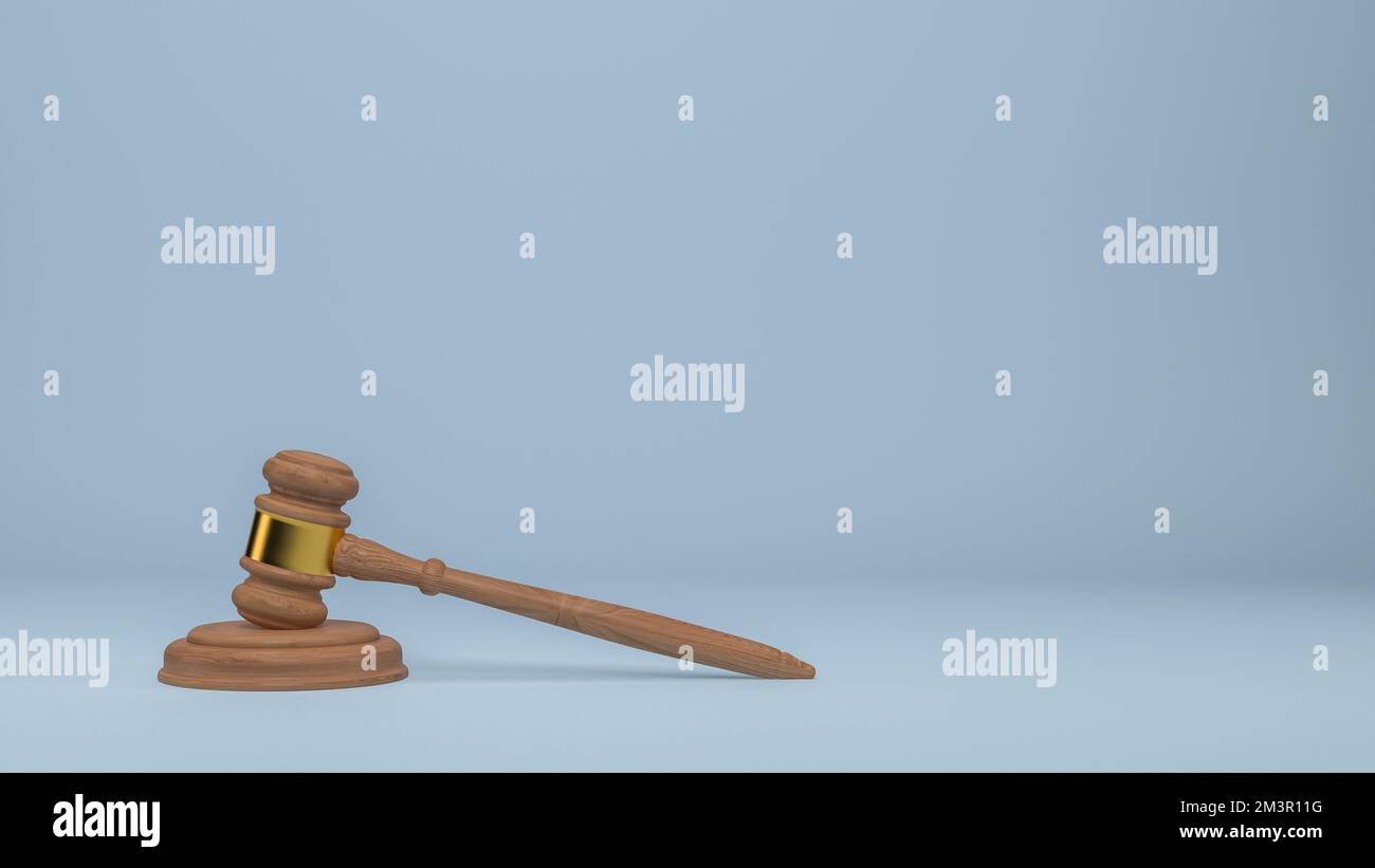 Ein hölzerner Hammer und eine Soundboard-3D-Illustration, isoliert auf blauem mattem Untergrund, mit Platz für Text, rechtliche Schritte oder Rechtsbegriffe Stockfoto