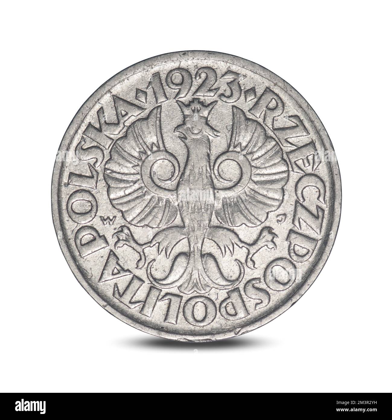 Polnische Kleinmünze zwischen den Kriegen auf weißem Hintergrund Stockfoto