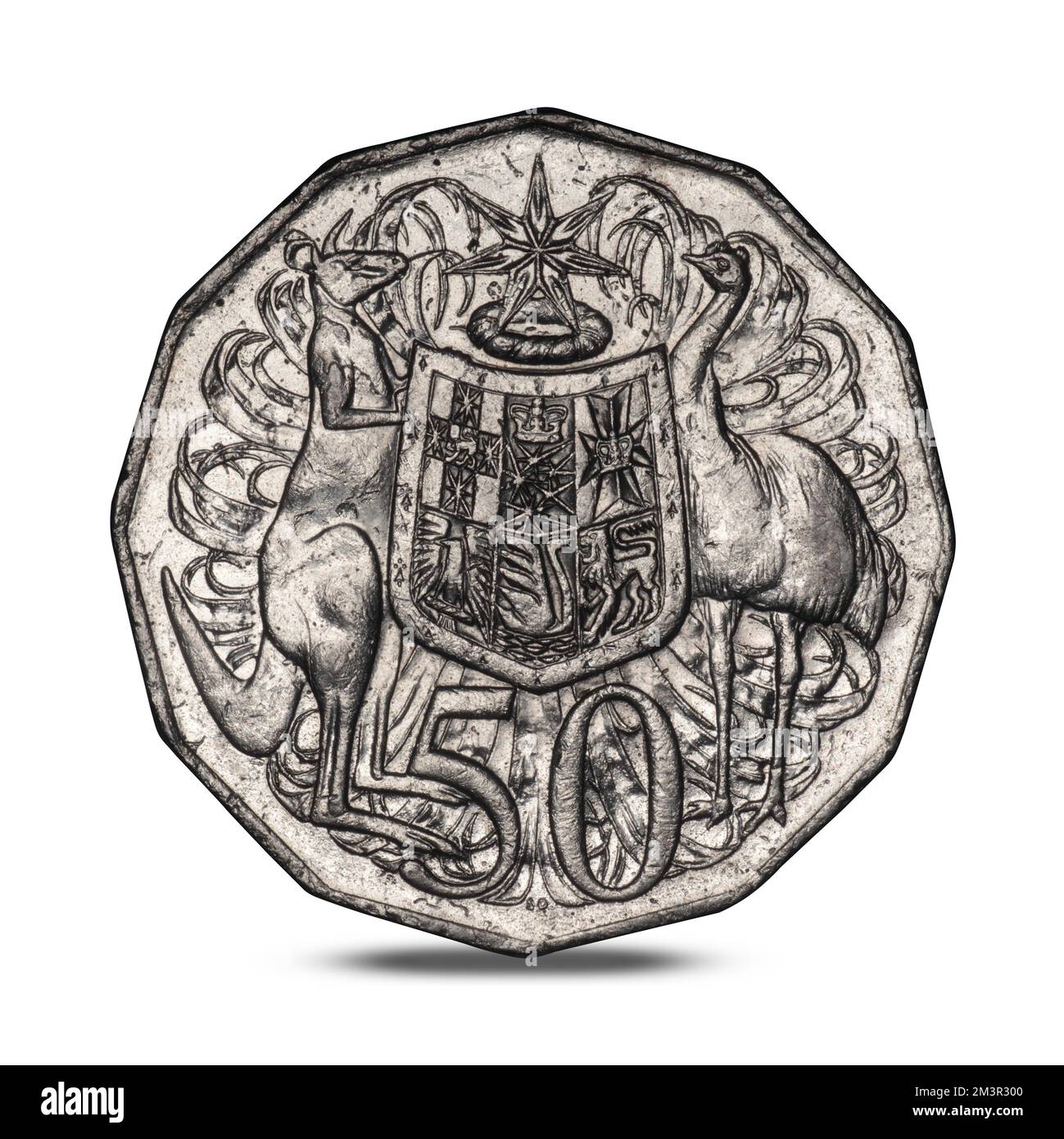 Australische 50-Cent-Münze von Elizabeth 2010 auf weißem Hintergrund Stockfoto