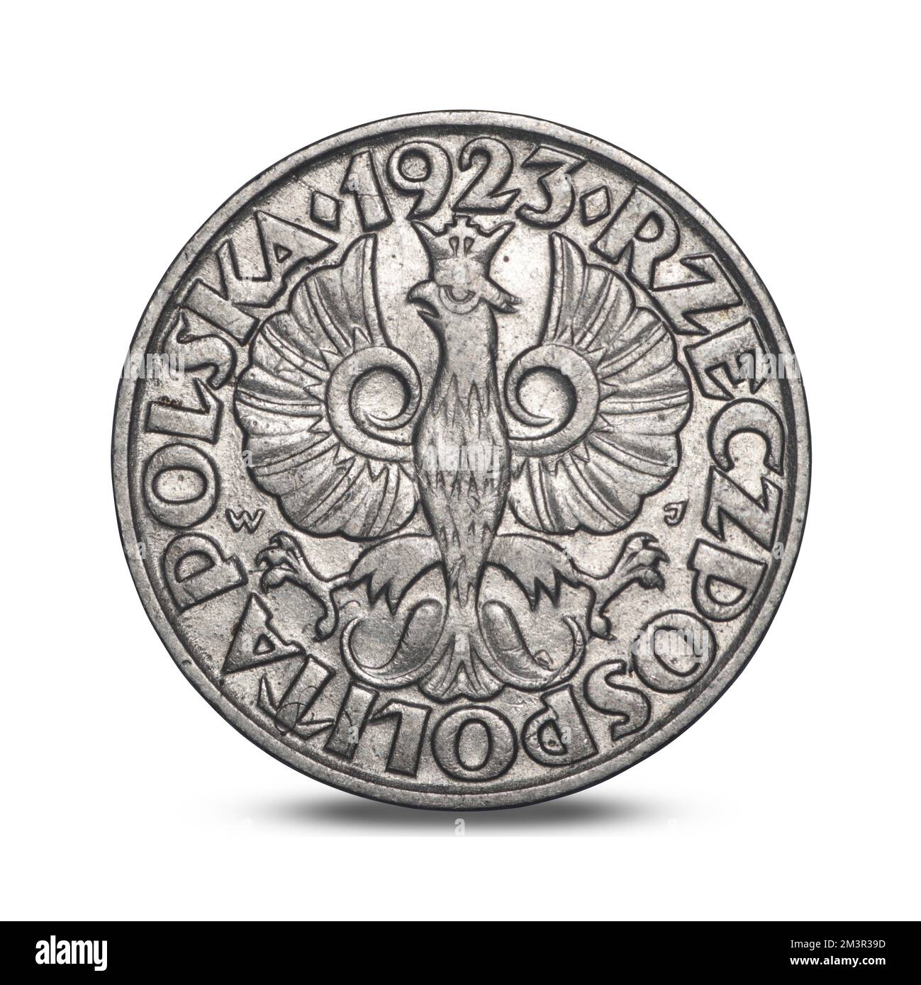 Polnische Münze mit geringer Stückelung auf weißem Hintergrund Stockfoto