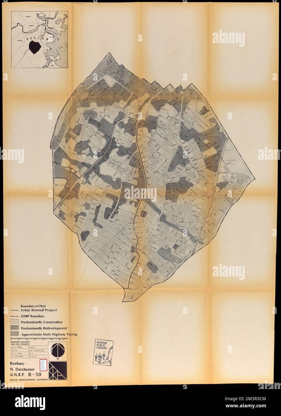Roxbury-N. Dorchester G.N.R.P. r-50 : vorgeschlagene Behandlung und Titel-I-Projekte , Roxbury Boston, Mass., Karten, Stadtplanung, Massachusetts, Boston, Landkarten, Stadterneuerung, Massachusetts, Boston, Karten, Eminent Domain, Massachusetts, Boston, Karten Stockfoto