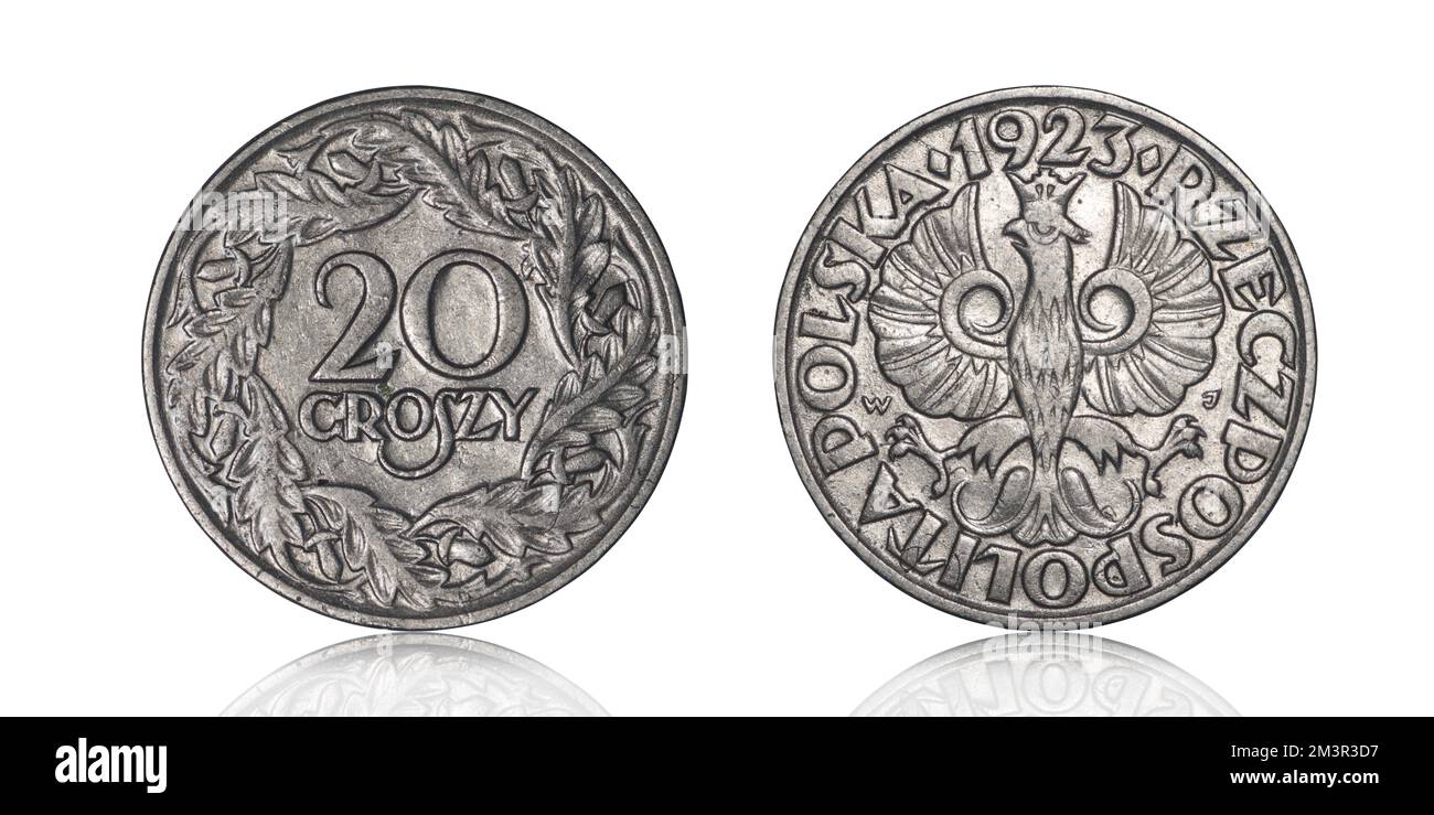 Polnische Münze mit geringer Stückelung auf weißem Hintergrund Stockfoto