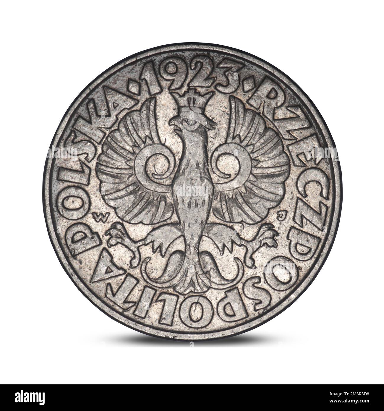 Polnische 1923-Euro-Münze mit niedriger Stückelung auf weißem Hintergrund Stockfoto