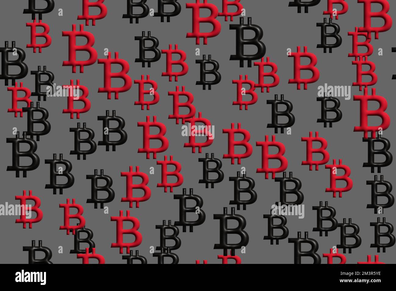 Nahtloses Muster für rote und schwarze 3D-Bitcoin-Zeichen Stockfoto
