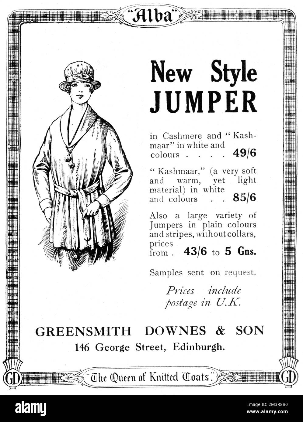 Werbung für den neuen Pullover in Kaschmir erhältlich von Greensmith Downes &amp; Son of George Street, Edinburgh. In den 1920er Jahren hat sich die Popularität des „Jumpers“ erhöht, zunächst in einer Art Tunika, bevor er sich allmählich zu der Art von Jumper entwickelt, die wir heute kennen. Es war Teil einer Entwicklung hin zu lässigeren, sportlich beeinflussten Dressing in der Zeit nach dem 1. Weltkrieg. 1919 Stockfoto