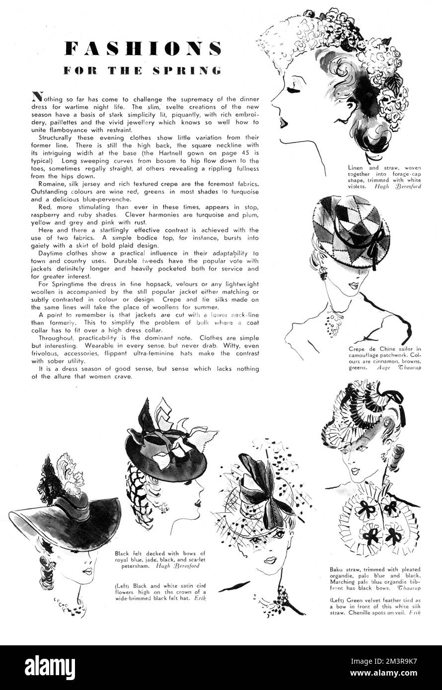 Moderedaktion für den kommenden Frühling, verziert mit sechs Zeichnungen brandneuer Mützen für Frauen. Zu den abgebildeten Gegenständen gehören zwei Hüte des berühmten dänischen Hutmachers Aage Thaarup. Datum: 1940 Stockfoto