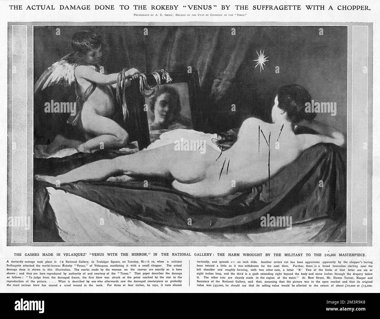 Der eigentliche Schaden, den die Rokeby Venus mit einem Hubschrauber angerichtet hat. Schnitt der militanten Suffragette Mary Richardson auf die Leinwand von Velazquez Gemälde in der Nationalgalerie am 10.. März 1914 mit einem Fleischbeil. Datum: 1914 Stockfoto