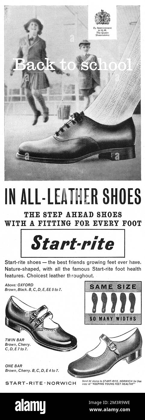 Werbung für Start-rite Schuhe von Norwich, DER Wahl des klassischen Schuhs für Kinder (der eine-Balken-Stil unten in dieser Werbung wird noch heute in verschiedenen Farben verkauft). Die Lederschuhe waren und sind in verschiedenen Breiten erhältlich, da sie sich auf ihre Passform stolz sind. Datum: 1961 Stockfoto